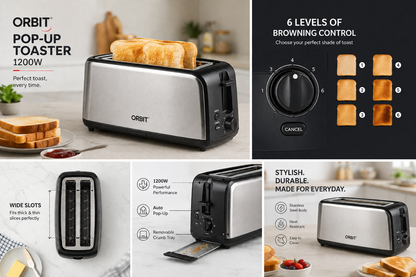 Orbit 1200W Stainless Steel Pop-Up Bread Toaster | Adjustable Browning Control